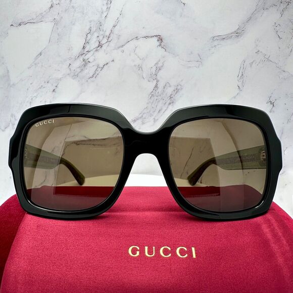 New Gucci Sunglasses Black Square Red Green Web Arms Gold Metal GG Logo - Picture 13 of 16